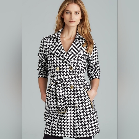 MICHAEL KORS-Black &White houndstooth double breasted midi trench Gold Buttons - Picture 3 of 9